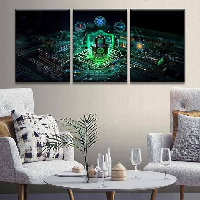 Canvas Wall Art Secure Connection or Cybersecurity Service Concept Picture Posters, Wall Art for Home Hotel Wall Decoration, 3 Panel Framed Wall Art Ready to Hang, 12x16inchx3