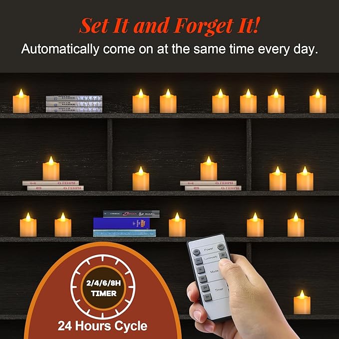 PChero Flameless Candles with Remote Timer, 6 Packs Rechargeable Tea Lights Flickering LED Votive Candles with USB Charging Cable for Christmas Halloween Fall Home Room Decor