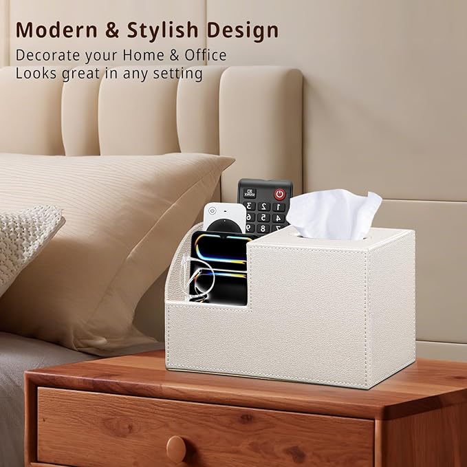 PU Leather Square Tissue Box Cover - Multi-Functional Tissue Box Holder, Tissue Box Cover with Storage,Tissue and Remote Control Holder, Cube Tissue Box Organizer Bedroom Nightstand End Table