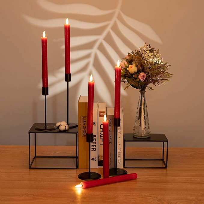 Flameless Taper Candles with Remote Timer, 9.6" Red Real Wax Flickering Battery Operated Warm Light Electric LED Candle, Perfect for Christmas Party Wedding Decoration (6 Pack)