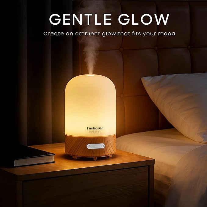 Essential Oil Diffuser Hand Blown Glass, 100ml Small Aromatherapy Diffuser, Auto Shut-Off Function, Ultrasonic Diffusers for Essential Oils, Cool Mist Humidifier with Warm White Lights（White）