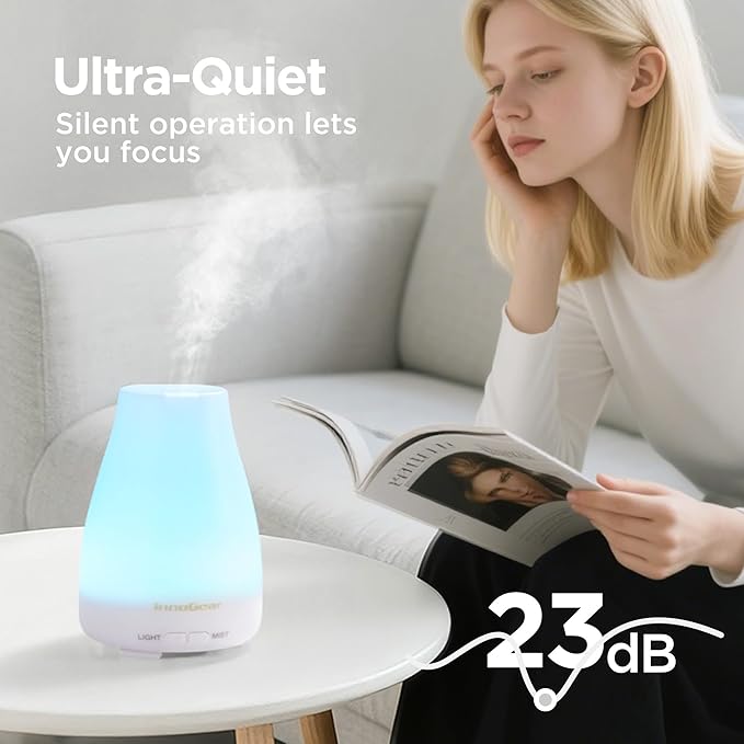 InnoGear Essential Oil Diffuser, Ultrasonic Diffusers for Home Aromatherapy Humidifier for Bedroom Room 7 Colors LED 2 Mist Mode Auto Off, Basic White