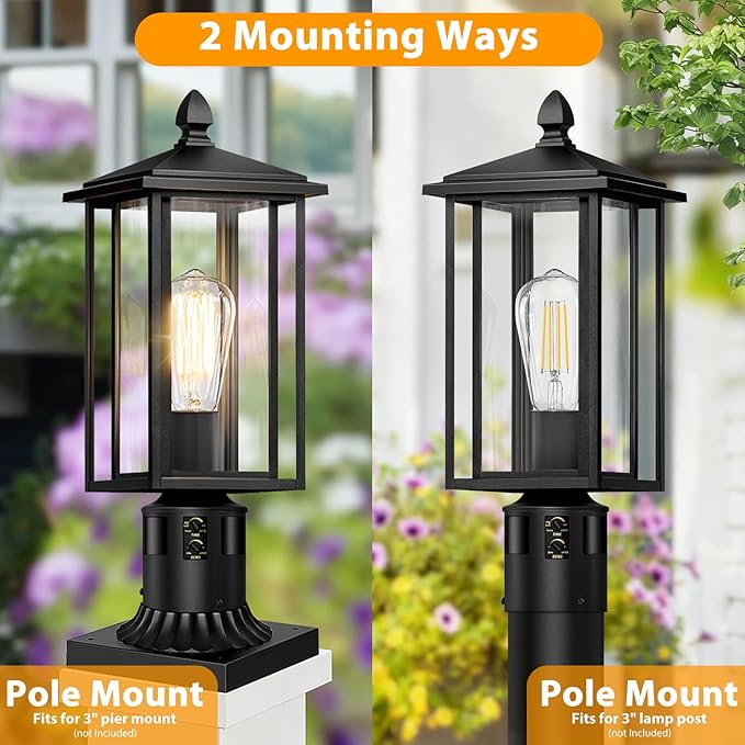 17" Motion Sensor Outdoor Post Lights, Dusk to Dawn Lamp Post Light Fixture with Tempered Glass, Waterproof Aluminum Pole Lights, Outside Lamp Posts Outdoor Lighting for Garden Yard Pathway (2-Pack)