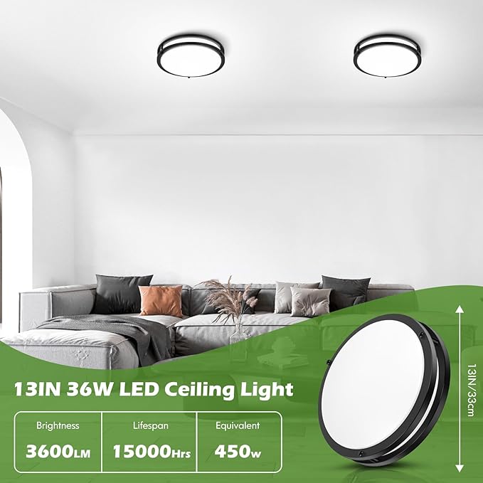 GoBright 13 inch Dimmable LED Ceiling Light Fixture, 36W Super Bright 3600 Lumens Black Flush Mount Light Fixture, 2700K-6500K Adjustable Ceiling Lights for Bedroom, Kitchen, Bathroom, 1-Pack