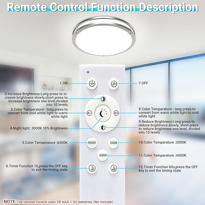 libtit 2Pack 13 Inch Flush Mount Ceiling Lights with Remote, 24W Dimmable LED Ceiling Light with Nightlight and Timer, 3000K-6500K Adjustable Light Fixture for Bedroom Kitchen Hallway