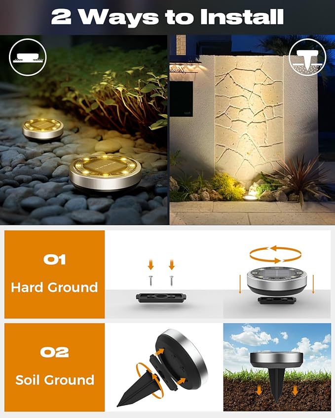 btfarm 12 Pack Solar Lights Outdoor, 8 LED Solar Ground Lights IP65 Waterproof Flat Solar Disc Light, Pathway Lights for Garden Lawn Patio Yard Path Landscape, Warm White
