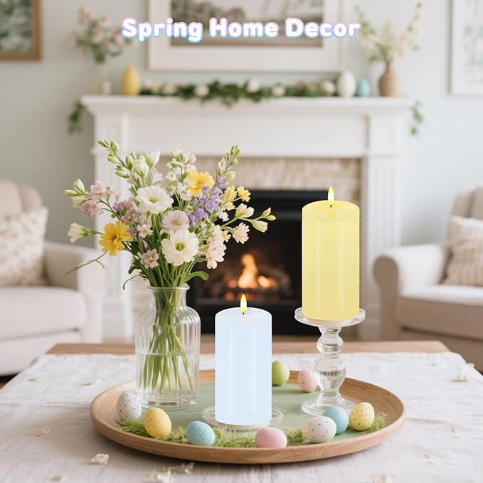 Pastel Flameless Candles, Set of 2 6"x3" Flickering Spring LED Candles with Remote & Timer, Dimmable Real Wax Easter Pillar Candles Battery Operated, Electric Candles for Home Spring Easter Decor