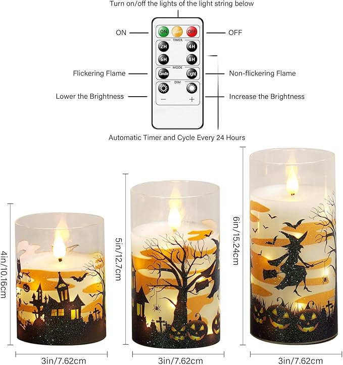 Flameless Candles Real Wax Realistic Halloween Candles with Glass Shell, Battery Operated LED Pillar Candle with Remote Timer, Ideal for Halloween Home Decor（D 3"*H 4" 5" 6" ）