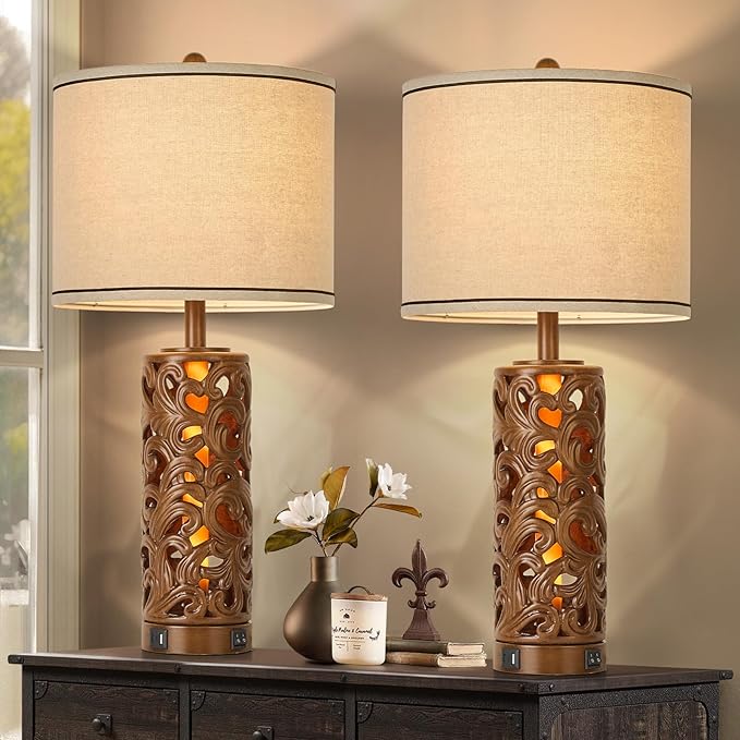 AIDENOEY Set of 2 Farmhouse Table Lamps with 2 USB Charging Ports, Vintage Carved Bedside Lamps with Smart Dimmable Bulbs, Rustic Nightstand Lamps for Bedroom Living Room Home Decor