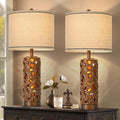 AIDENOEY Set of 2 Farmhouse Table Lamps with 2 USB Charging Ports, Vintage Carved Bedside Lamps with Smart Dimmable Bulbs, Rustic Nightstand Lamps for Bedroom Living Room Home Decor
