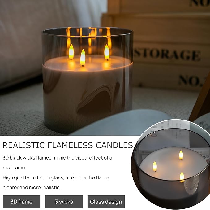 Extra Large Flameless Candles with 3 Wicks, 6"x6" Glass Battery Operated Candles with Remote, Real Wax Flickering LED Candles Fake Candle for Home, Wedding, Party, Gray