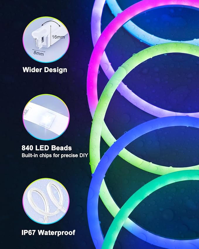 echosari Smart RGBIC LED Strip Lights, 33Ft Neon Rope Lights Work with Alexa and Google Assistant, Neon Strip Lights with Music Sync App/Remote Control, Multiple Modesfor Bedroom DIY Wall Decor