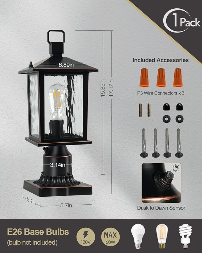 Dusk to Dawn Outdoor Post Light, Hardwired Oil-Rubbed Bronze Pole Lantern with Pier Mount Base, Water Ripple Glass, 17'' Waterproof Lamp Post Light Fixture for Driveway, Pathway, Yard