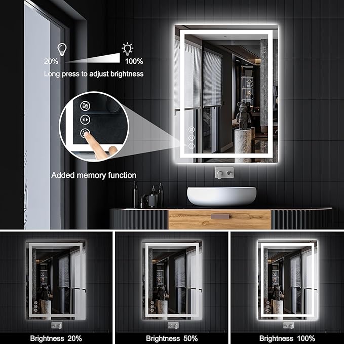 24x32 LED Bathroom Mirror with Lights, Anti Fog Vanity Mirror Wall Mounted, Dimmable Front Light and Backlight, Memory Function Tempered Glass, Shatter Proof ETL Listed