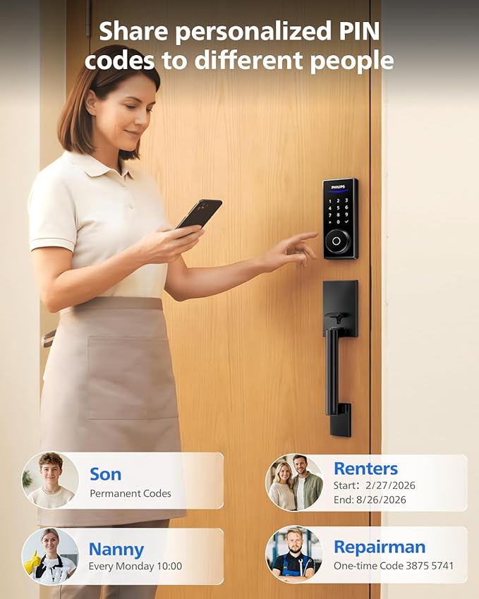 Philips Wi-Fi Smart Lock with Handle, WiFi Keyless Entry Keypad Door Lock with Handle, Front Door Deadbolt Set, Fingerprint Unlock, PIN Code Unlock, Auto Locking, App Remote Control, Bulit in WiFi