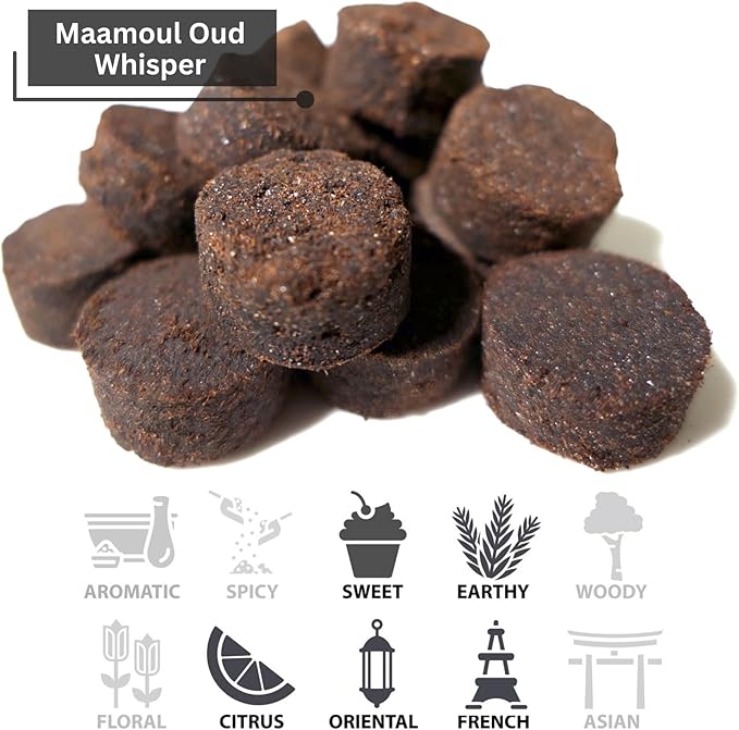 Maamoul Oud Whisper 80g (Pressed Resin Disks) | Use with Charcoal for Incense Burning, Electric Bukhoor Burner and Hair Oud Diffuser Comb | Meditation Decor & Stress Relief Arabian Home Fragrance