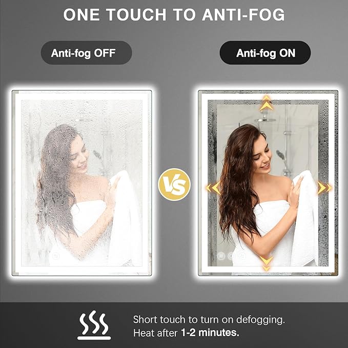 Bathroom Mirror, 28"x 36" LED Mirrors with Anti-Fog, Stepless 3 Colors Temperature & Dimmable, Memory Tempered Glass Bathroom Mirrors for Over Sink, Vanity Mirror with Lights