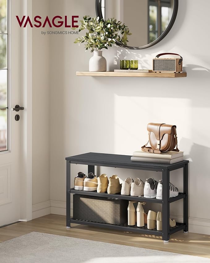 VASAGLE 3-Tier Shoe Rack, Shelf Storage Bench with Metal Mesh Shelves and Seat, Free Standing Shoe Organizer for Entryway, 11.8 x 28.7 x 17.7 Inches, Ebony Black and Black ULBS073B06
