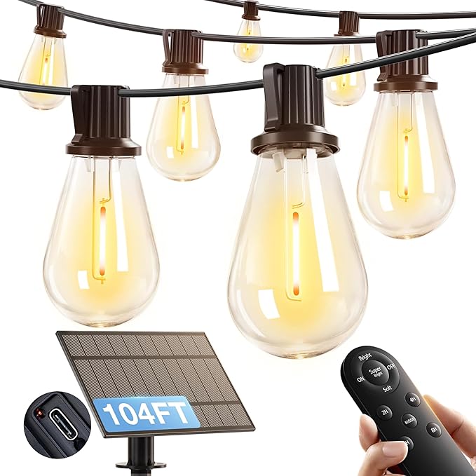 addlon 104FT(96FT+8) Solar String Lights Outdoor Waterproof with USB Port & Remote Control Solar Patio Lights for Outside Solar Powered with 34 LED Dimmable Bulbs for Porch Garden Deck Halloween