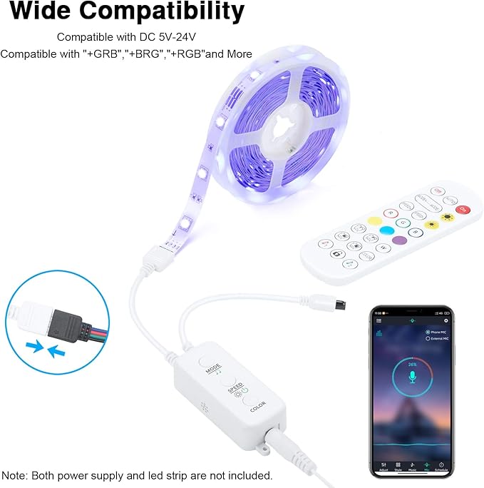 RGB LED Strip Light Controller, with APP, Music Sync and IR Remote, with Unlimited Colors and Pin Modify Feature Compatible with 5V-24V All 4-pin 10mm RGB LED Strip via Bluetooth Connection