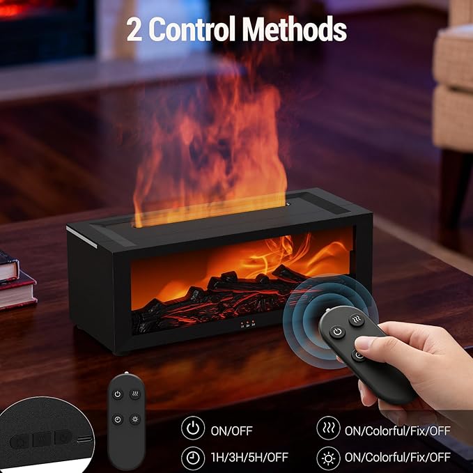 Aixiqee Yellow Fireplace Diffuser, Flame Fireplace Aroma Diffuser for Essential Oils, Colorful Aromatherapy Fireplace Humidifier with Remote Control & Timer