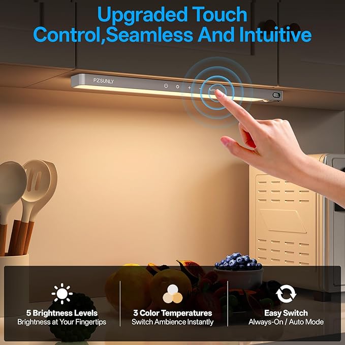 14.2inch Under Cabinet Lighting Wireless,Rechargeable Motion Sensor Light Indoor,3 Colors Dimmable,Magnetic Closet Lights with Remote,Under Counter Lights for Kitchen,Dark Gray 5Pack