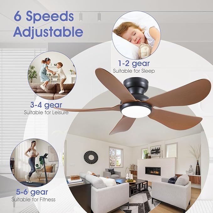 46 Inch Modern Ceiling Fans with Lights, Flush Mount Ceiling Fan, Remote/APP Control, 5 Reversible Curved Blades, 6 Speeds, 3 CCT Dimmable LED Lights for Bedroom Kids Room, Brown