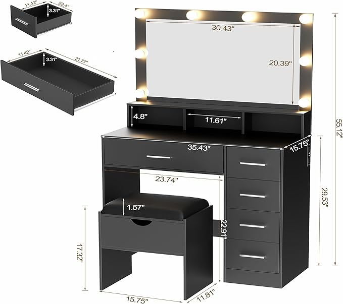 Vanity Desk with Mirror and Lights, 35.43" Large Mirror Makeup Table with Stool, 5 Drawers Dressing Table for Girls and Ladies Bedroom, Black