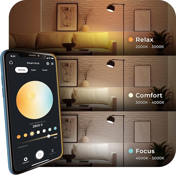 Globe Electric Wi-Fi Smart 10W LED Bulb, Multicolor RGB + Tunable White 2000K–5000K, A19 Shape, E26 Base, App + Voice Control, No Hub Required, 34212