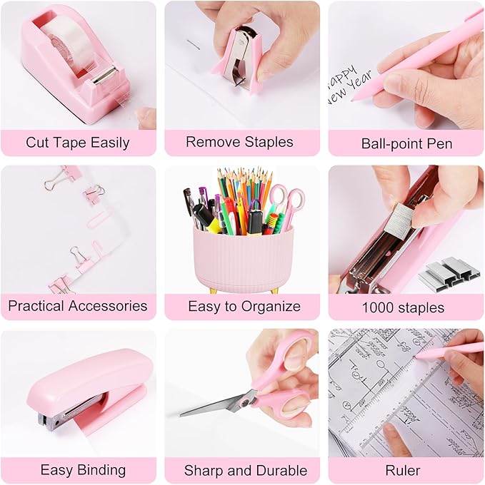 Pink Desk Organizers and Accessories Set with 360-Degree Rotating Pen Holder, Tape Dispenser, Stapler, Staple Remover, 1000 Staples, Tape, Clips Set, Ruler, Scissor, Pen