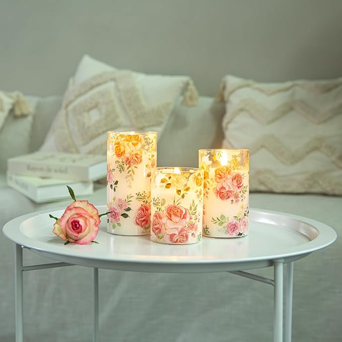 Flameless Candles with Remote, Battery Operated Glass Candles Pink Rose Flickering LED Candles Real Wax Floral Christmas Decor Electric Pillar Candles Set of 3
