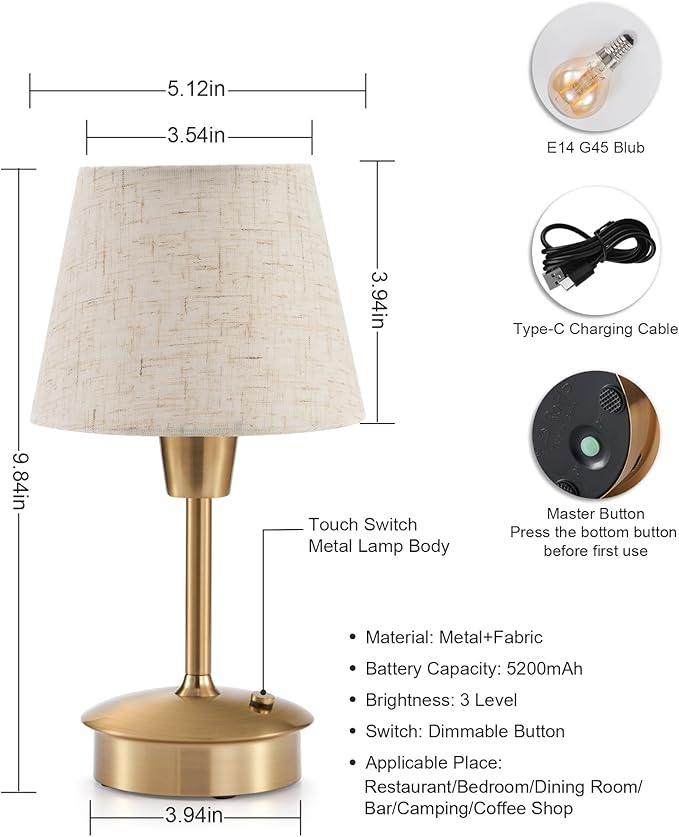 2 Pack Small Cordless Table Lamp for Restaurant Dinner Table, 5200mAh Battery Operated Lamps, Rechargeable Portable Dimmable Touch Bedside Night Light for Side End Table Dining Room Patio Outdoor