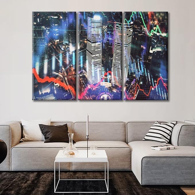 TUMOVO 3 Panel Wall Art Trading Graph on The Cityscape at Night Background Paintings Modern Home Decor Stock Market Picture Wall Decor Living Room Framed Ready to Hang (60" Wx40 H)