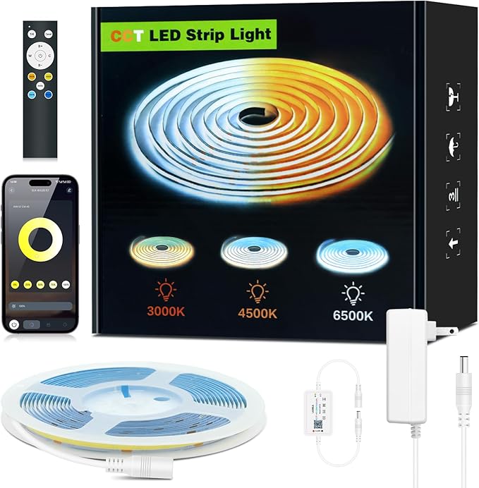 COB LED Strip Lights, 16.4ft Tunable White CCT LED Strip, 24V Dotless Dimmable Tape Light 3000K-6000K, DIY Cuttable Flexible Kit with Bluetooth Remote and Power Plug for Bedroom Kitchen Cabinet Decor