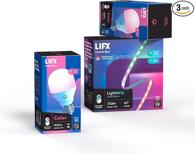 LIFX Bedroom Bundle – with 2 Color 800 Lumen Smart Bulb and 40″ LED Smart Lightstrip
