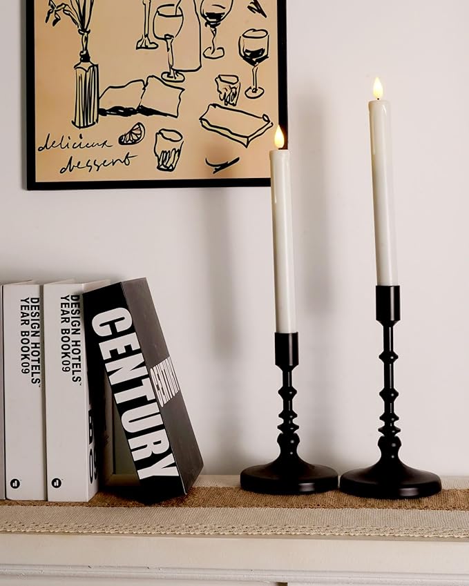 Homemory 2 Pack Flameless Taper Candles, No Remote, Realistic Flickering Battery Operated Candlesticks, White LED Plastic Candle Safe for Weddings, Table Decor, Christmas, and Halloween