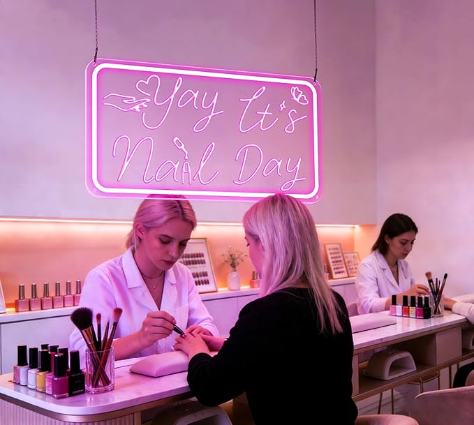 Yay It's Nail Day Neon Sign, Pink Neon Sign with 3D Carving Butterfly，Nails Neon Signs for Wall Decor, Bedroom - 3-Mode Dimmable USB Powered Salon Decor, Gifts for Nail Tech 16x8.8 Inches