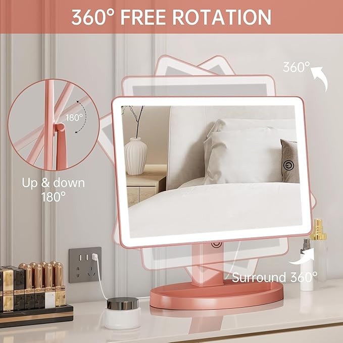 Funtouch Large Lighted Vanity Makeup Mirror, 14.56 in x 8.97 in, 88 LED, 360 Rotation Touch Screen, 10X Magnification Tabletop Cosmetic Make Up Mirror, Rose Gold