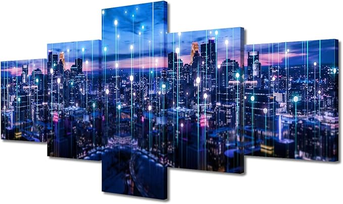 Bangkok Urban Skyline Wall Art 5 Panel Modern City Lighting Poster Big Data Abstract Point Picture Advanced Smart City Canvas Art Internet Workers Home Wall Decor Frame Ready to Hang 50x24 Inch