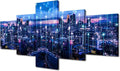 Bangkok Urban Skyline Wall Art 5 Panel Modern City Lighting Poster Big Data Abstract Point Picture Advanced Smart City Canvas Art Internet Workers Home Wall Decor Frame Ready to Hang 50x24 Inch