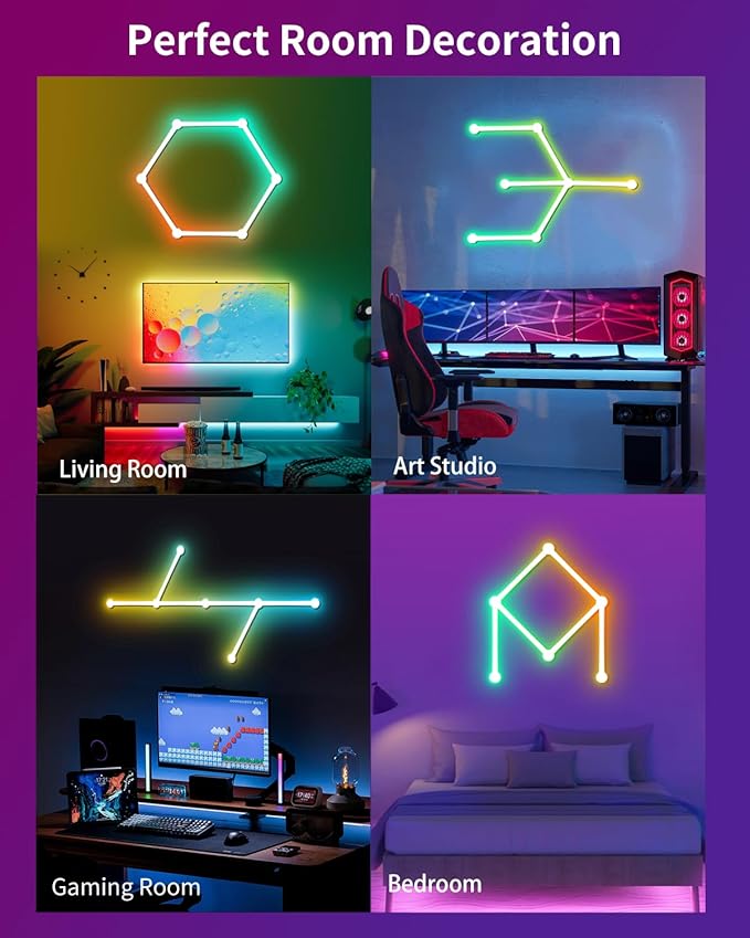 Smart LED Wall Lights, Music Sync Voice Control DIY RGB Light Bar with 16M+ Color & 44+ Scenes, Dimmable Home Decor Wi-Fi Wall Light for Gaming Room TV Bedroom (6 Lines)