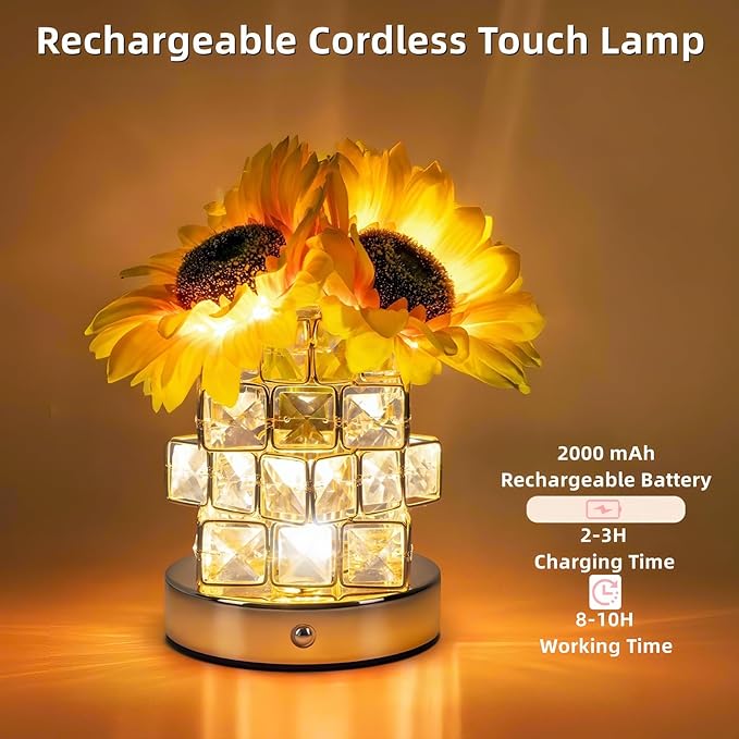 Sunflowers Flower Lamp,Rechargeable Cordless Touch Table Lamp for Bedroom,3-Colour Dimming Small Night Light,Crystal Bedside Lamps with USB Charge,Birthday Valentines Day Gifts for Women,Mom,Wife