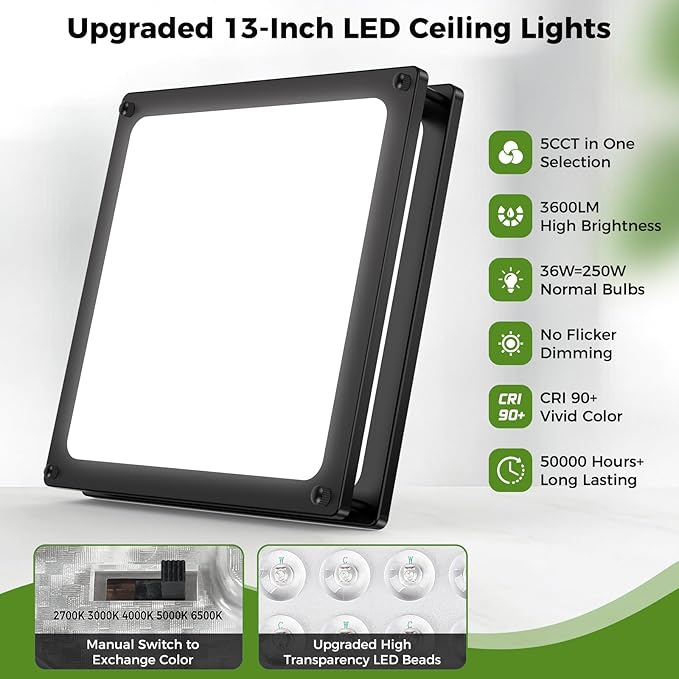 13 Inch 36W Flush Mount LED Ceiling Light Fixtures (450W Equiv), 3200LM Black Square Dimmable Ceiling Light, 2700K/3000K/4000K/5000K/6500K Adjustable Modern LED Lights for Bedroom Kitchen Bathroom