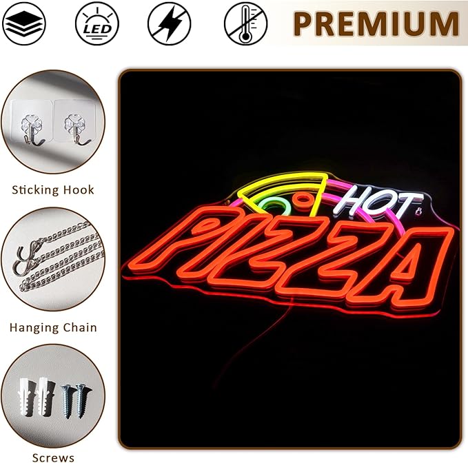 Pizza Neon Sign for Wall Decor, Hot Pizza Led Signs for Room, USB Dimmable Food Neon Lights for Pizzeria Kitchen Restaurant Bar Party Shops Hotel Store Business Pub