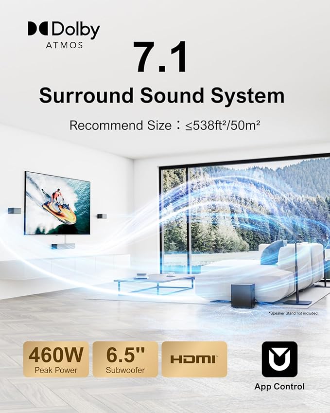 ULTIMEA 7.1Ch Soundbar with Dolby Atmos, APP Control, Surround Sound System for TV, 4 Wired Surround Speakers, Sound Bar for TV with 6.5" Wireless Subwoofer, Soundbar for TV, Poseidon D80 Upgraded