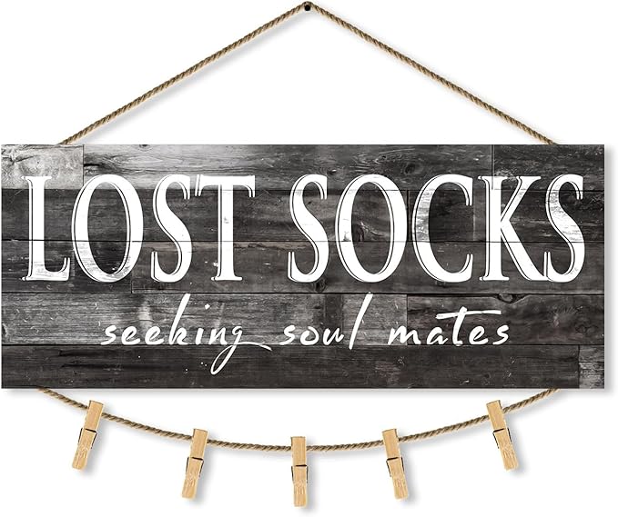 1 KINGO Laundry Lost Socks Rustic Sign Wall Decor for Washroom, Farmhouse Black Lost Socks Seeking Soul Mates Canvas Print Art, Rustic Plaque Bathroom Decoration 6" x 15"