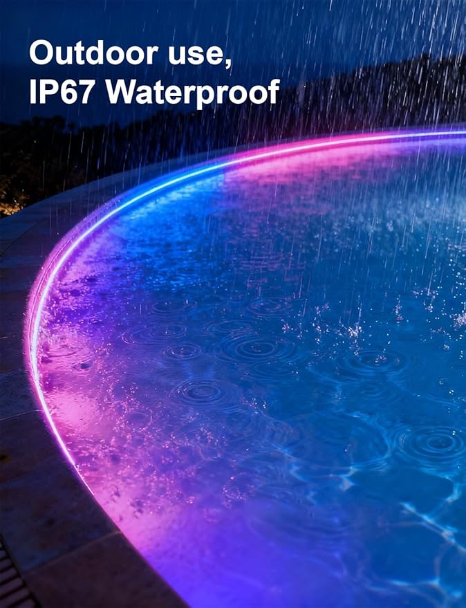80ft/24m COB LED Strip Lights Outdoor, Smart RGB IC IP67 Waterproof Dimmable Color Changing Tape Light with App Remote Control & Music Sync, for Eave, Patio, Pool & Party DIY Decorations(2 Rolls)