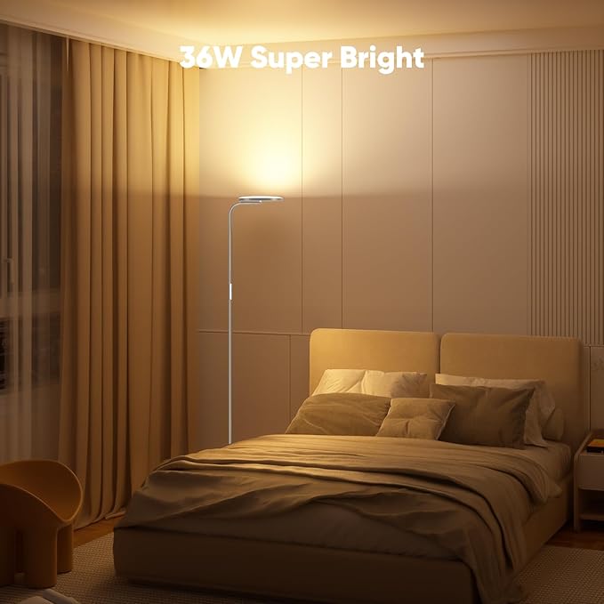 36W LED Floor Lamp, Super Bright Standing Lamp, Modern Stepless Dimmable Torchiere Tall Lamp with Remote Control, 350°Rotating Head Reading Floor Lamp for Living Room, Bedroom, Office