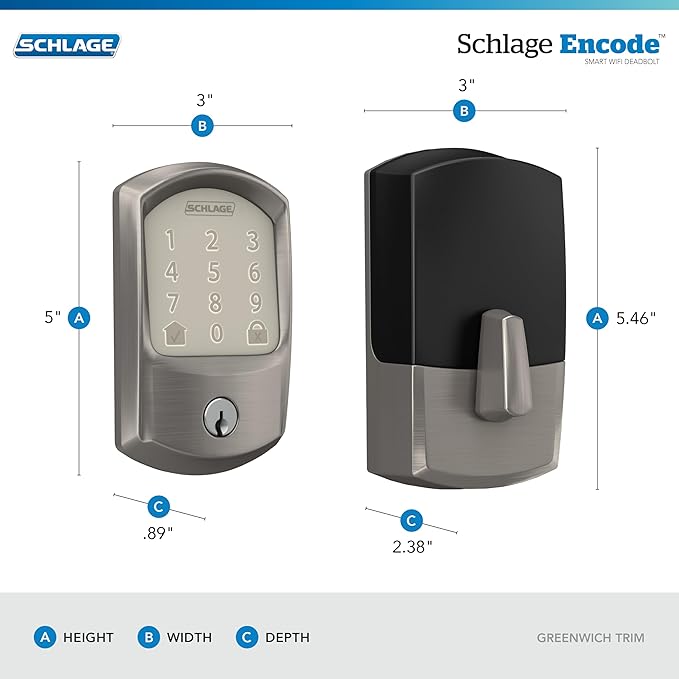 Schlage Encode Smart Wi-Fi Deadbolt Lock with Touchscreen Keypad, Keyless Front Door Entry, App Control, Alexa, Google Home and Airbnb Compatible, Satin Nickel, BE489WB GRW 619