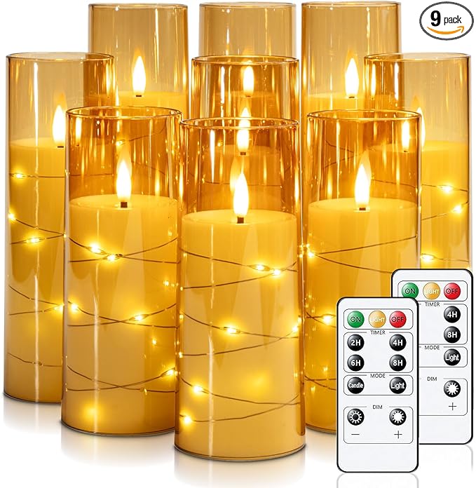 Raycare Flameless Candle with Remote Timer – 9 Flickering Acrylic Battery Operated LED Pillar Candles with Embedded Star String for Christmas, Home Decor, and as a Gift(Glod)